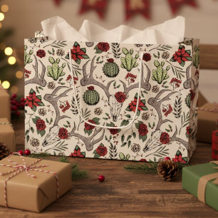 Bolsa De Regalo Grande Cráneo de Reno Floral Oscuro Dibujado a Mano Gótic