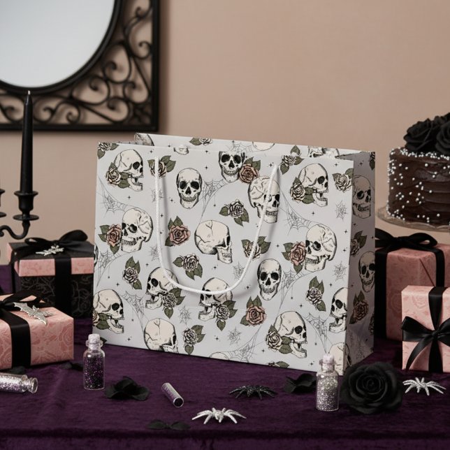 Bolsa De Regalo Grande Cránulos góticos y Rosas claros Halloween (Elegant Skull and Roses Gothic Halloween Gift Bags for Her. Gothic Chic Style. Floral Skulls Pattern)