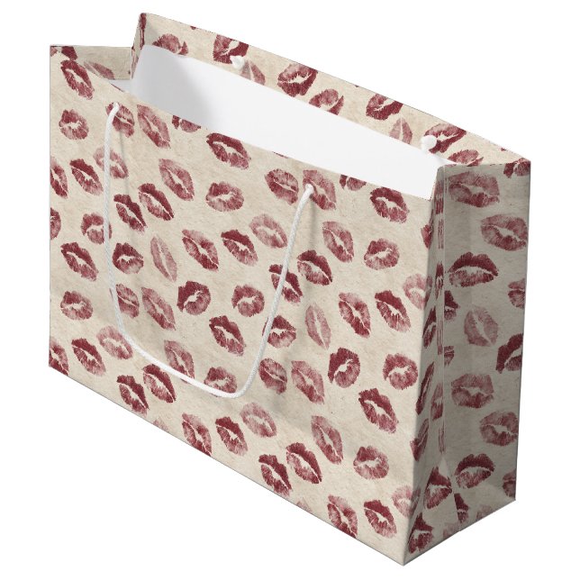 Bolsa De Regalo Grande Cream Red Lips Kisses Romantic Valentine's Day (Angulo Anverso)