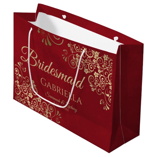 Bolsa De Regalo Grande Crimson Red & Gold Lace Elegante Bridesmaid (Angulo Anverso)