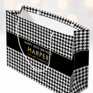 Bolsa De Regalo Grande Cualquier Edad Black White Houndstoth Feliz cumple