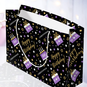 Bolsa De Regalo Grande Cualquier edad feliz cumpleaños pastel morado negr