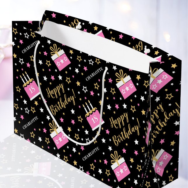 Bolsa De Regalo Grande Cualquier edad Feliz cumpleaños Pastel Rosa Negro (Subido por el creador)