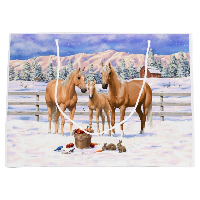 Bolsa De Regalo Grande Cuatrimestre Palomino De Caballos En Nieve De Invi (Anverso)