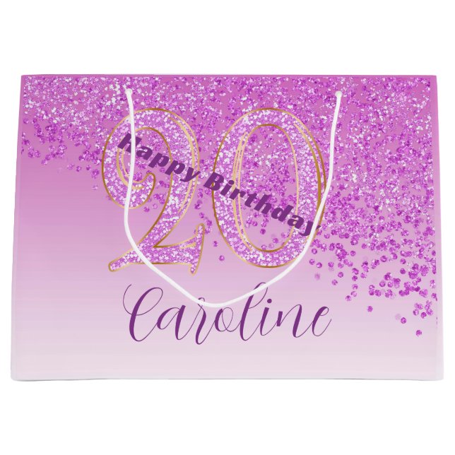 Bolsa De Regalo Grande Cumpleaños 20 Pretty Falling Pink Glitter (Anverso)