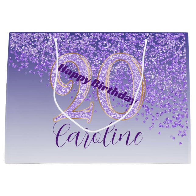 Bolsa De Regalo Grande Cumpleaños 20 Pretty Falling Purple Glitter (Anverso)