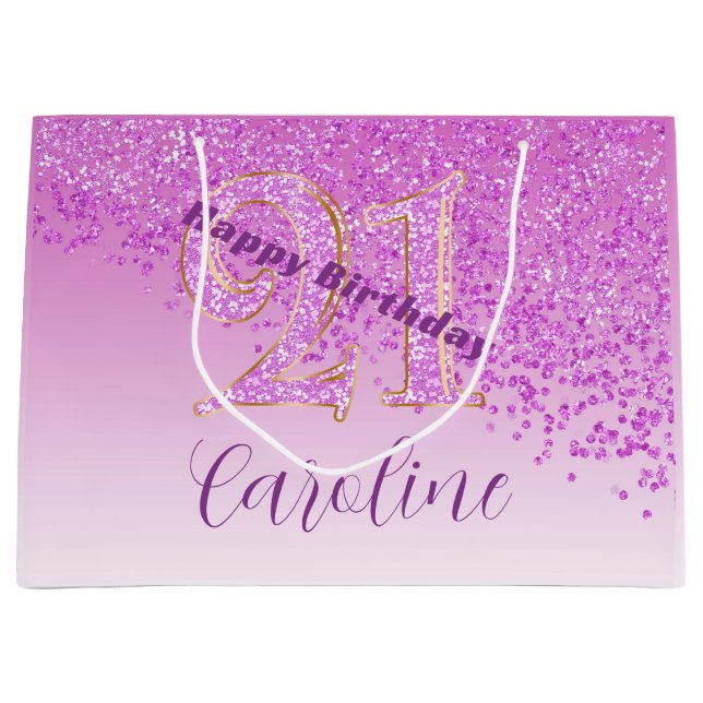 Bolsa De Regalo Grande Cumpleaños 21 Hermoso Rosa Brillante Cae (Anverso)