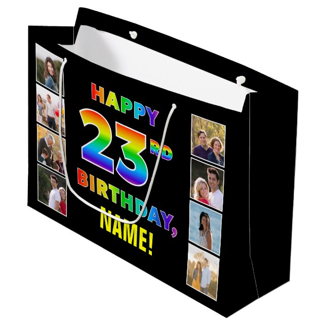 Bolsa De Regalo Grande Cumpleaños 23: Texto Arcoíris, Fotos Personalizada (Angulo Anverso)