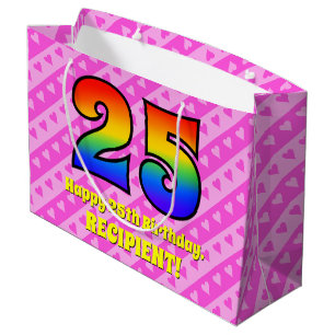Bolsa De Regalo Grande Cumpleaños 25: Corazones y rayas rosas, arco iris