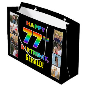 Bolsa De Regalo Grande Cumpleaños 77: texto arcoiris, fotos y nombre de P