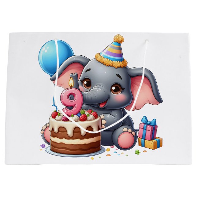 Bolsa De Regalo Grande Cumpleaños 9 de elefante lindo (Anverso)