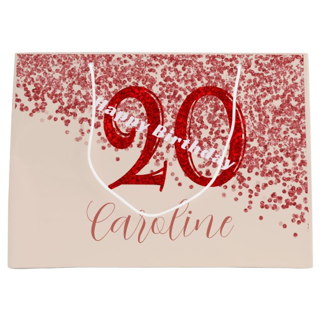 Bolsa De Regalo Grande Cumpleaños Champán Glitter Rubí Rojo 20 (Anverso)