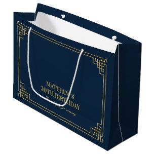 Bolsa De Regalo Grande Cumpleaños Chic Navy y Art Déco Dorado