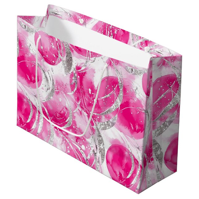 Bolsa De Regalo Grande Cumpleaños Círculos Abstractos Glam Plata Rosa (Angulo Anverso)