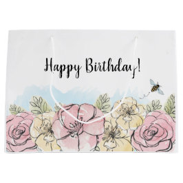 Bolsa De Regalo Grande Cumpleaños con Acuarela Floral Rosa