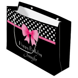 Bolsa De Regalo Grande Cumpleaños con lazo rosa y lunares en blanco y neg