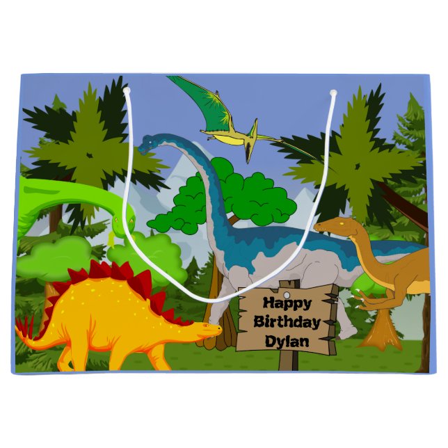 Bolsa De Regalo Grande Cumpleaños de Dinosaurio Infantil Personalizado (Anverso)