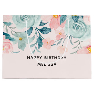 Bolsa De Regalo Grande Cumpleaños de la frontera floral rosa y verde