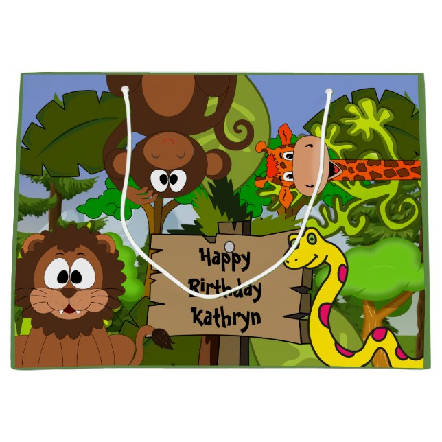 Bolsa De Regalo Grande Cumpleaños de la Selva Personalizada (Anverso)