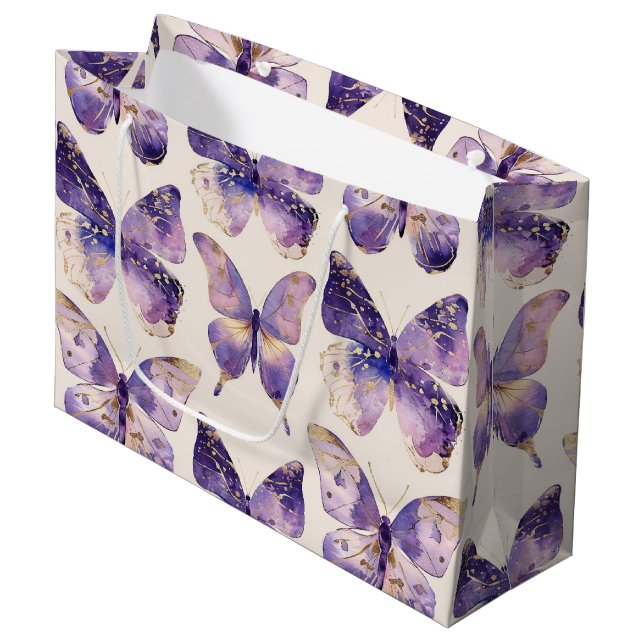 Bolsa De Regalo Grande Cumpleaños de las mariposas Purple Gold (Angulo Anverso)