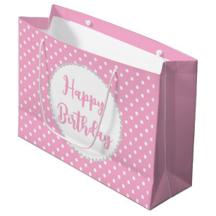 Bolsa De Regalo Grande Cumpleaños de lunares blancos y rosados y diamante