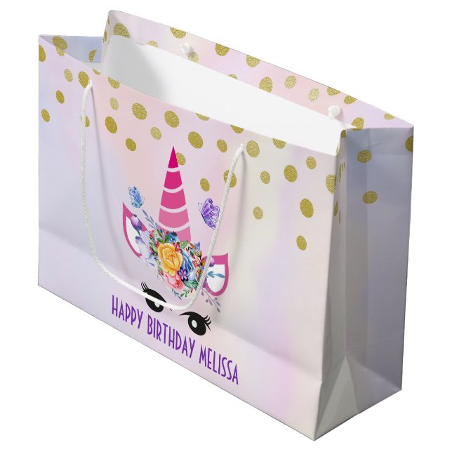 Bolsa De Regalo Grande Cumpleaños de Unicornio Rosa y Flores (Angulo Anverso)