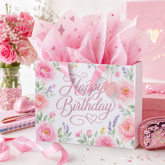 Bolsa De Regalo Grande Cumpleaños Feliz Niñas Floral Plateado Rosa