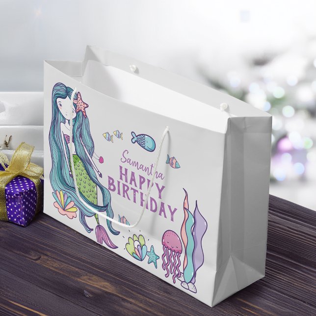 Bolsa De Regalo Grande Cumpleaños Feliz Sirena Verde Azul Personalizado (Purple Teal Mermaid Happy Birthday Personalized Large Gift Bag)