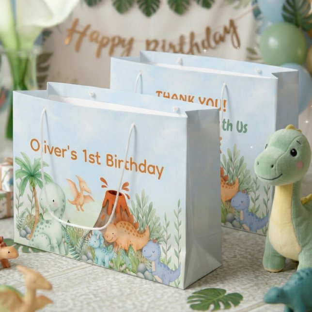 Bolsa De Regalo Grande Cumpleaños número uno de Dinosaur One-A-Saurus (One-A-Saurus Dinosaur 1st Birthday Gift Bag)