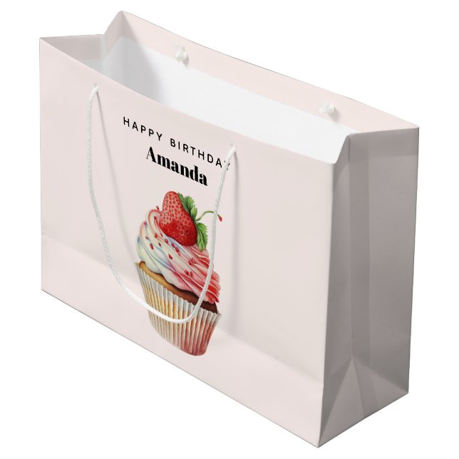 Bolsa De Regalo Grande Cupcake de Fresa Dulce Postre Cumpleaños (Angulo Anverso)