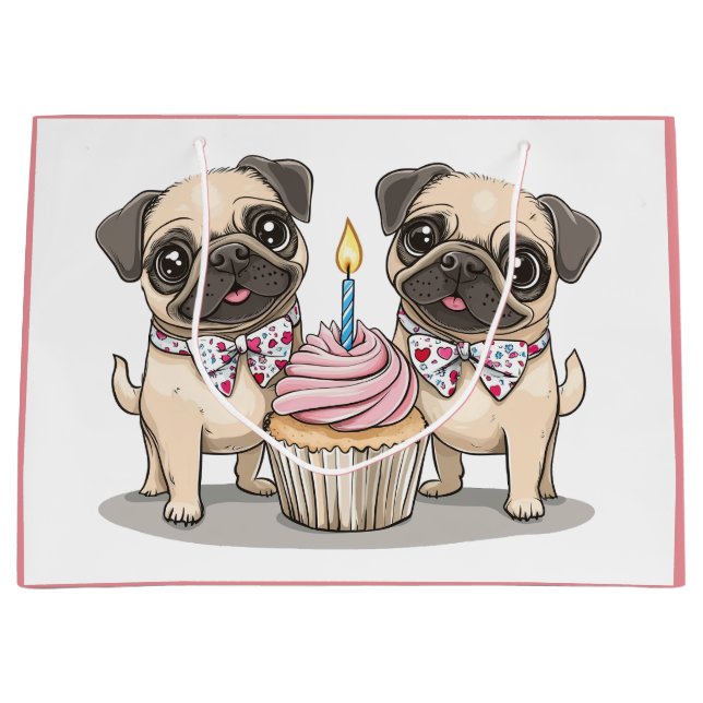 Bolsa De Regalo Grande Cupcake de perros Pug de cumpleaños (Anverso)