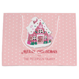 Bolsa De Regalo Grande Curiosa Feliz Navidad Rosa Snowy Gingerbread House