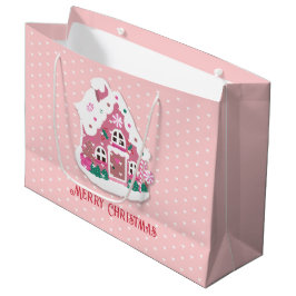Bolsa De Regalo Grande Curiosa Feliz Navidad Rosa Snowy Gingerbread House