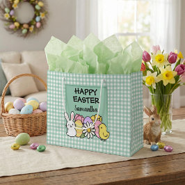 Bolsa De Regalo Grande Custom Happy Easter Bunny Chick Green Gingham