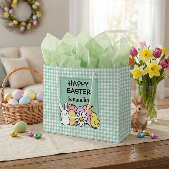 Bolsa De Regalo Grande Custom Happy Easter Bunny Chick Green Gingham (Subido por el creador)