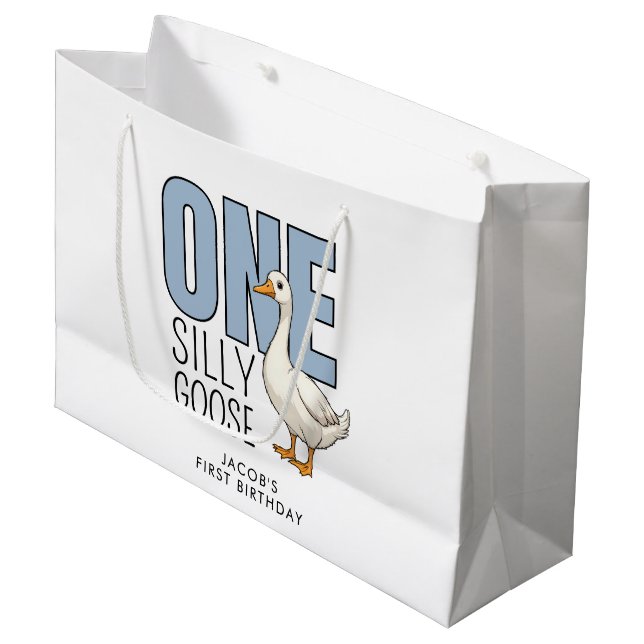 Bolsa De Regalo Grande Custom Modern Blue One Silly Goose First Birthday (Angulo Anverso)