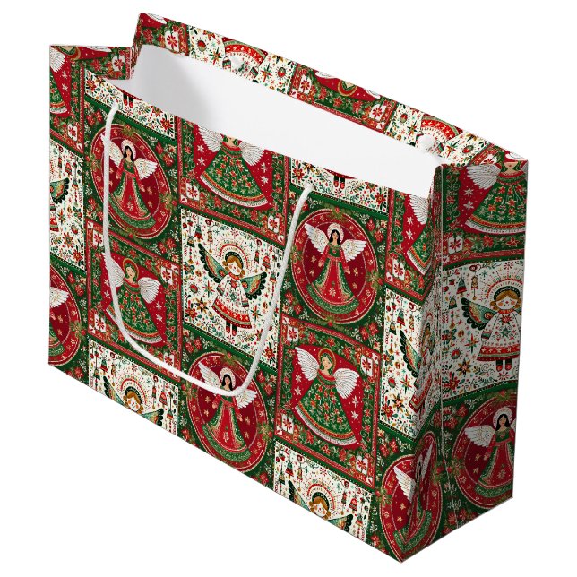 Bolsa De Regalo Grande Cute Angels in Christmas Red & Green  (Angulo Anverso)
