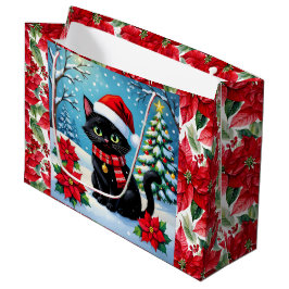 Bolsa De Regalo Grande Cute Black Cat and Poinsettia Christmas