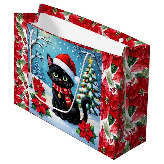 Bolsa De Regalo Grande Cute Black Cat and Poinsettia Christmas (Angulo Anverso)