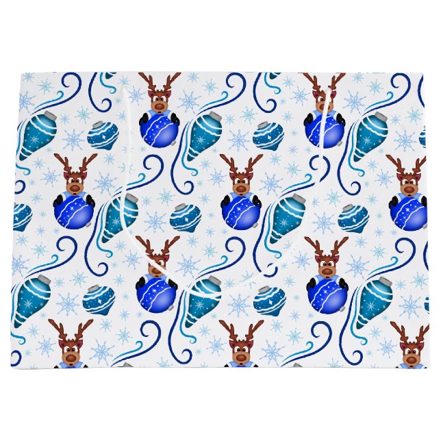 Bolsa De Regalo Grande Cute Blue Kids Christmas Reindeer (Anverso)