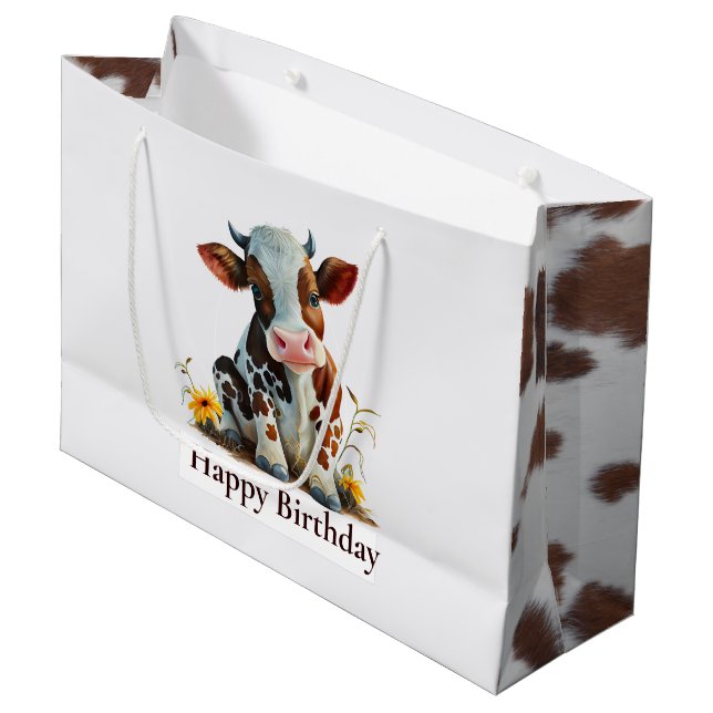 Bolsa De Regalo Grande Cute Cow Happy Birday White (Angulo Anverso)