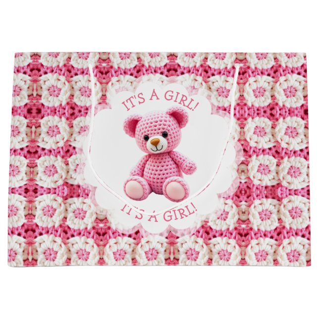 Bolsa De Regalo Grande Cute Crocheted Teddy Bear Girl's Baby Shower (Anverso)