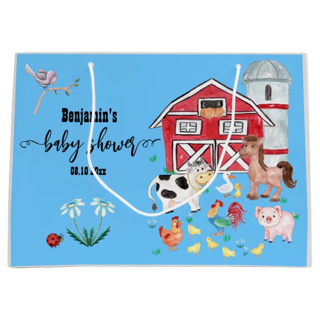 Bolsa De Regalo Grande Cute Farm Animals Baby Shower Blue (Anverso)