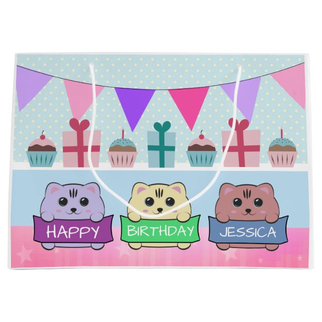 Bolsa De Regalo Grande Cute Kittens Personalised Happy Birthday (Anverso)