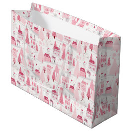 Bolsa De Regalo Grande Cute Pink Christmas Village Snowy Day 