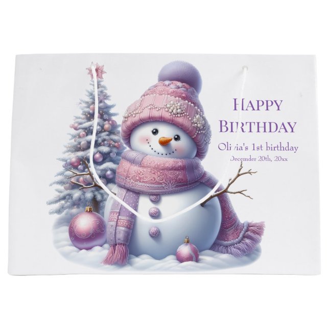 Bolsa De Regalo Grande Cute Pink Snowman Winter Birthday (Anverso)