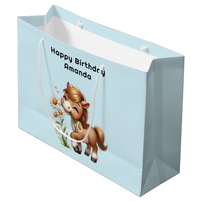 Bolsa De Regalo Grande Cute Pony Comiendo Daisies Cumpleaños (Angulo Anverso)