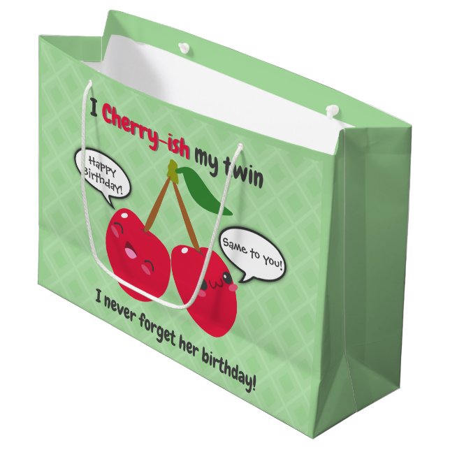 Bolsa De Regalo Grande Cute Red Cherry Kawaii Gemelos Cumpleaños (Angulo Anverso)