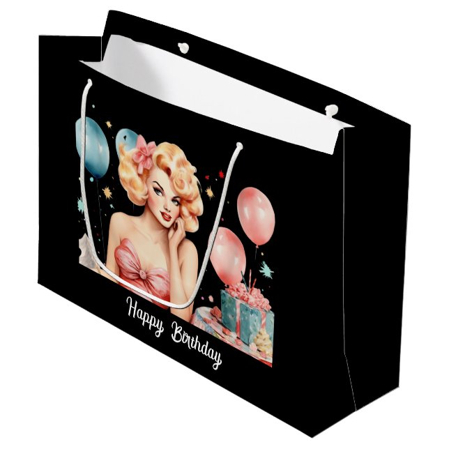 Bolsa De Regalo Grande Cute retro lady Happy Birthday personalizable (Angulo Anverso)