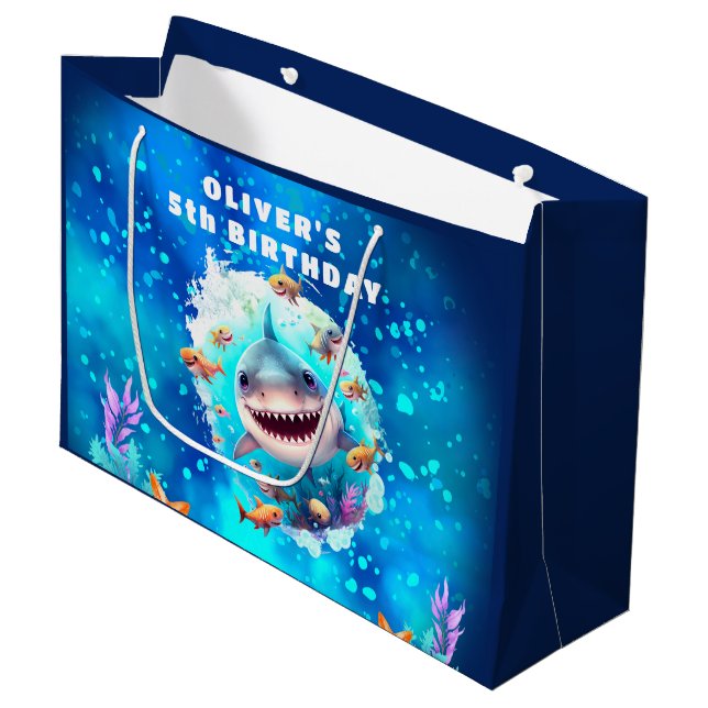 Bolsa De Regalo Grande Cute Shark Boy Birthday Blue Name Gift Bag (Angulo Anverso)
